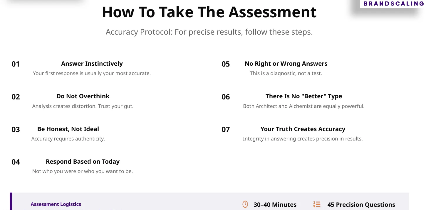 How to take the assessment: answer instinctively, do not overthink, be honest not ideal, respond based on today, no right or wrong answers, there is no better type, your truth creates accuracy. 30 to 40 minutes, 45 precision questions.