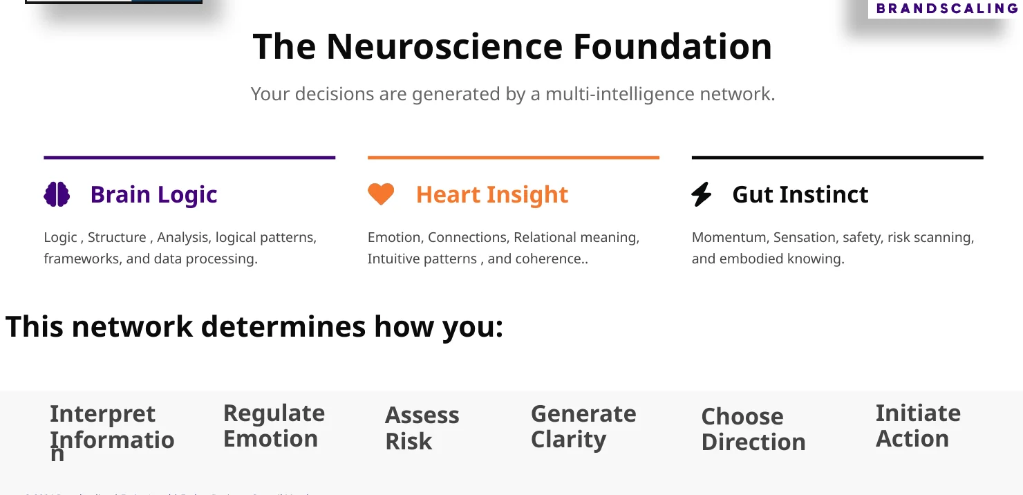 Brain logic, heart insight and gut instinct, and the six functions this network determines: interpret information, regulate emotion, assess risk, generate clarity, choose direction, initiate action.